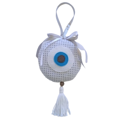 Γούρι φυλακτό ματάκι για νεογέννητο γκρι πουά σε λευκό