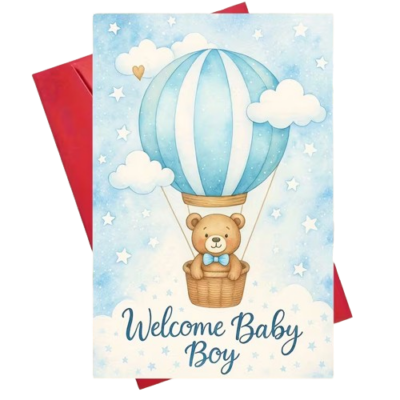 Ευχετήρια κάρτα με φάκελο Baby Boy με αρκουδάκι και αερόστατο