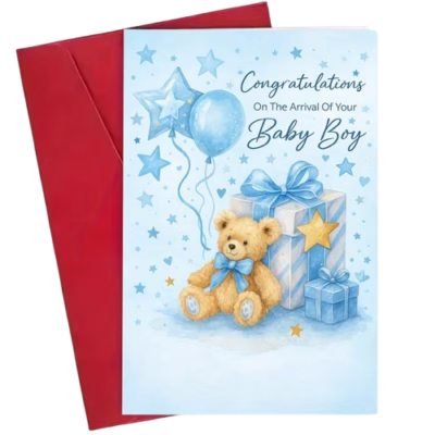 Ευχετήρια κάρτα με φάκελο για γέννηση Baby Boy με αρκουδάκι