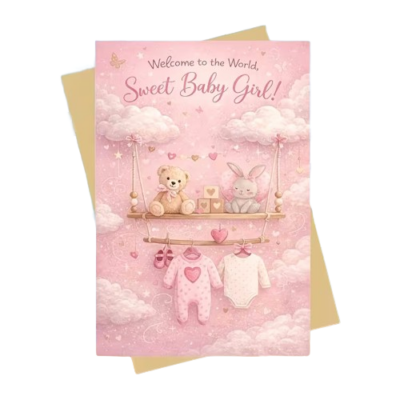 Ευχετήρια κάρτα με φάκελο για γέννηση Baby Girl με ρουχαλάκια