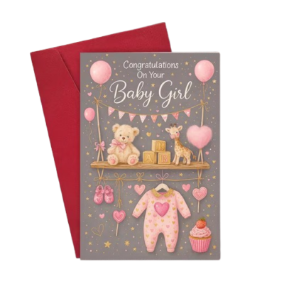 Ευχετήρια κάρτα με φάκελο για γέννηση Baby Girl γκρι-ροζ